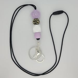 Lilac Rose Flower Leopard Silicone Beaded Lanyard | ID Badge Holder